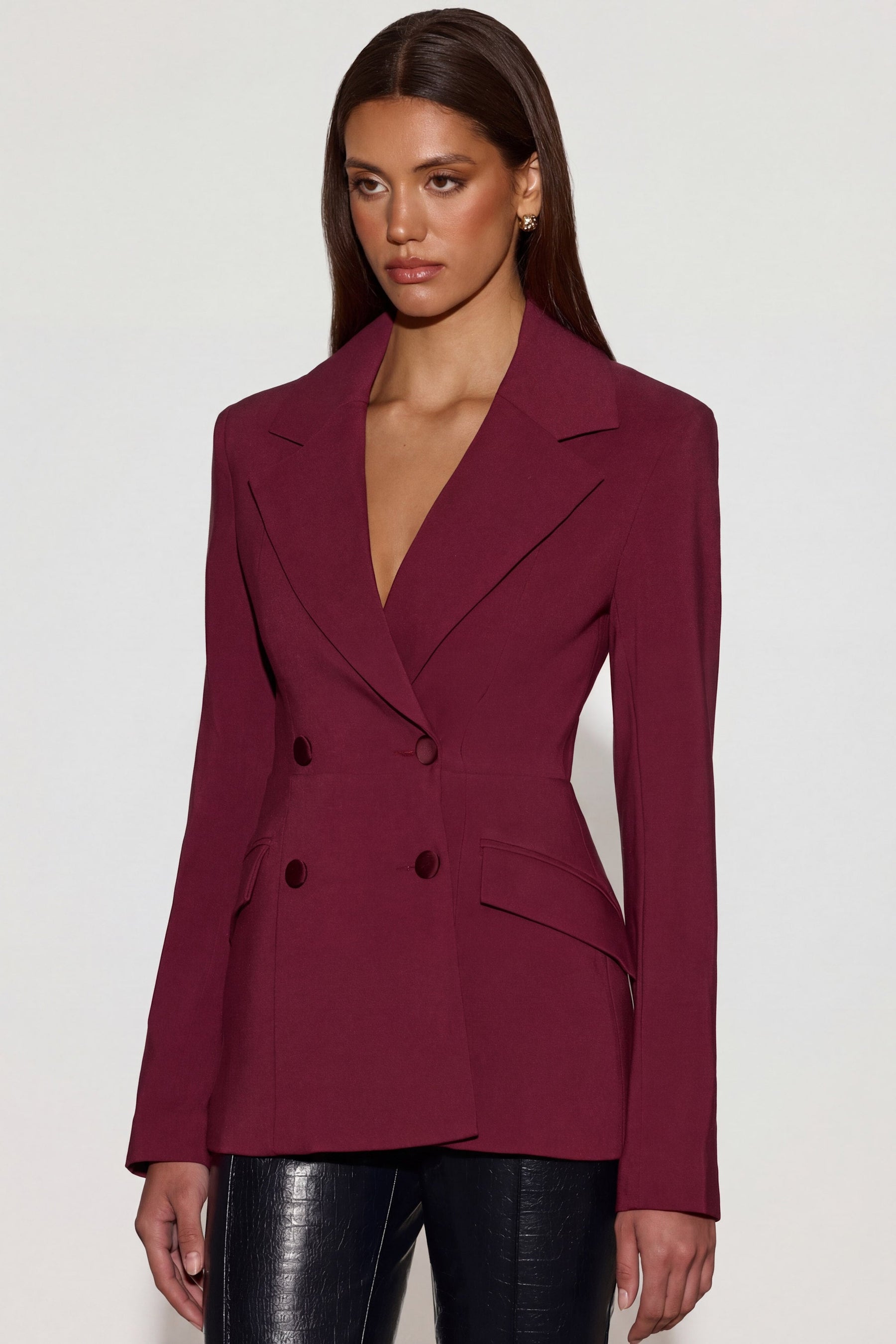 Yapılı Çift Düğmeli Bordo Blazer Ceket