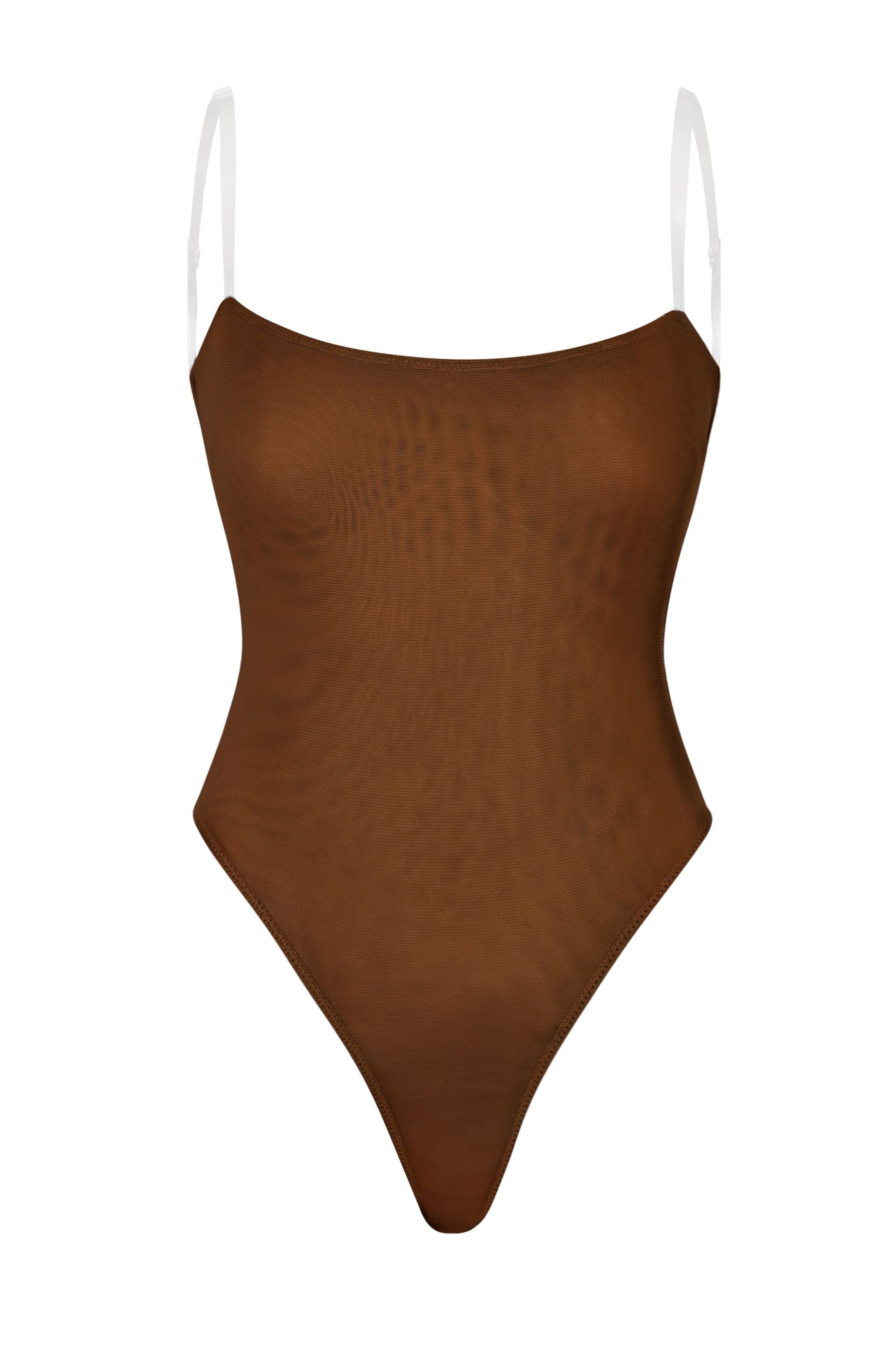 Kestane Rengi, Yumuşak Fileli, Görünmez Askılı Tanga Bodysuit.