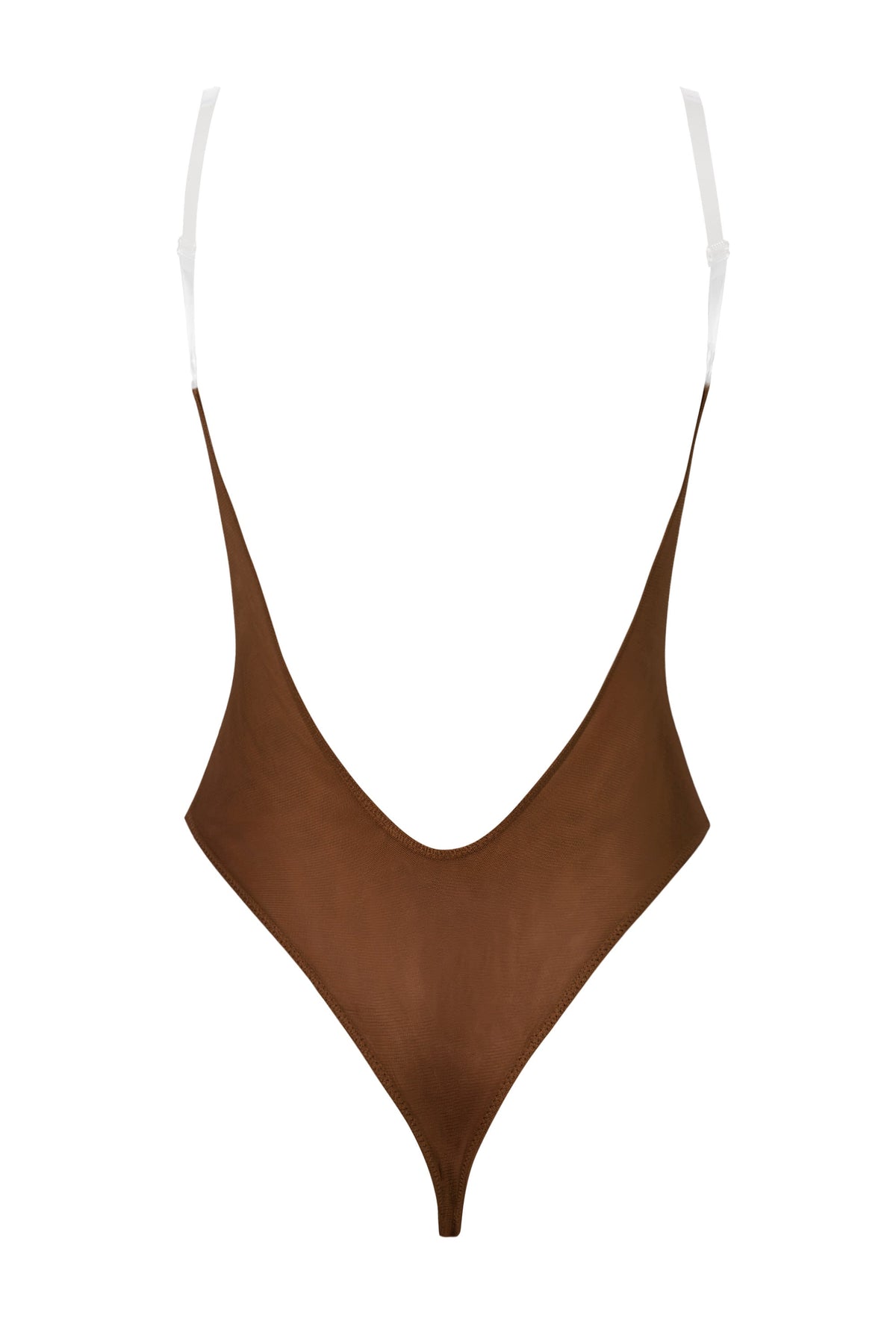 Kestane Rengi, Yumuşak Fileli, Görünmez Askılı Tanga Bodysuit.