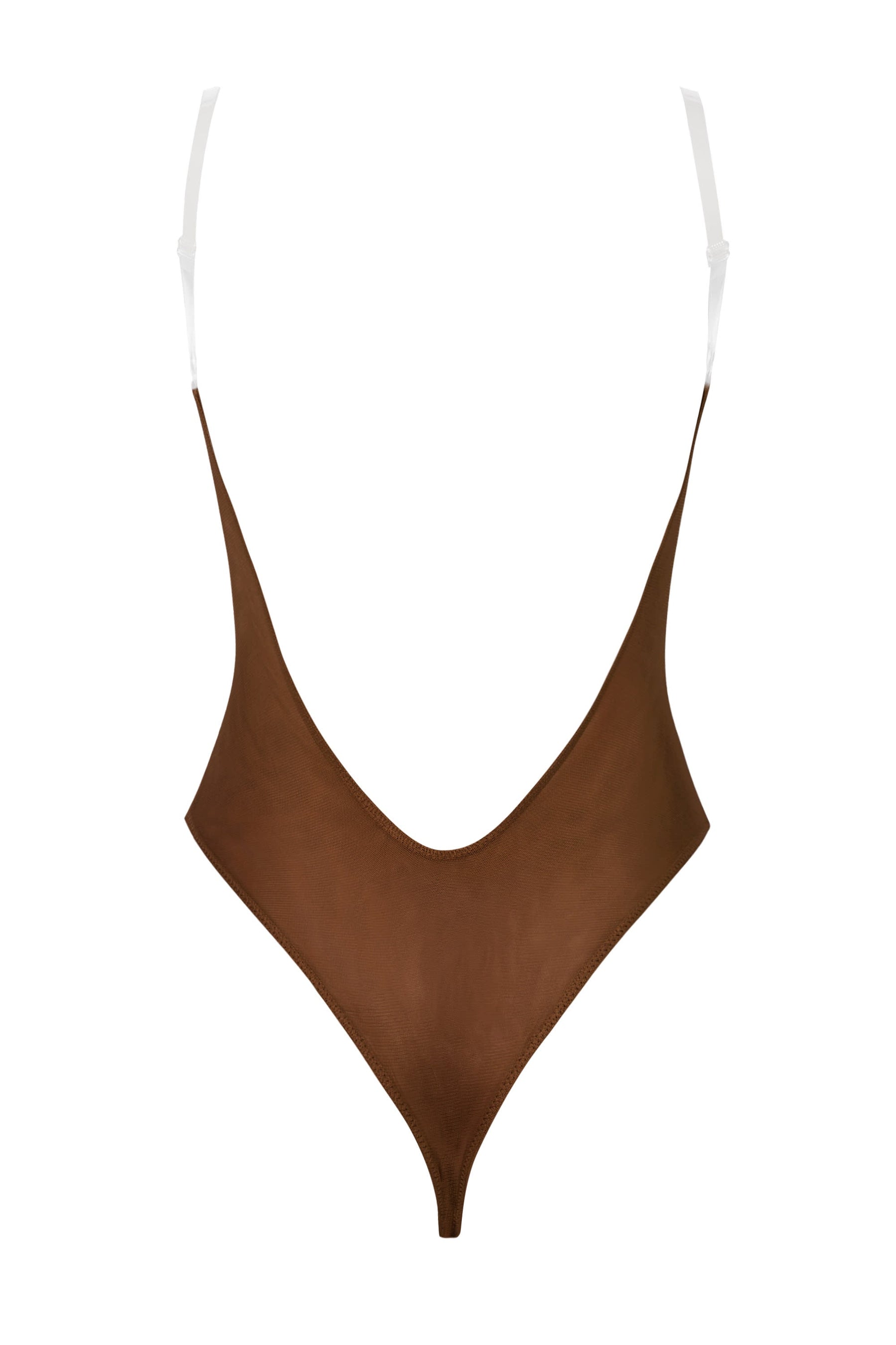 Kestane Rengi, Yumuşak Fileli, Görünmez Askılı Tanga Bodysuit.