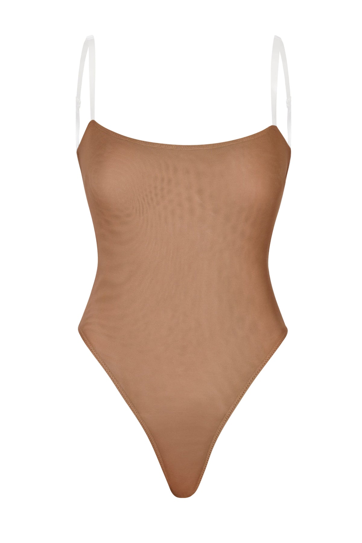 Bal Rengi, Yumuşak Fileli, Görünmez Askılı Tanga Bodysuit.
