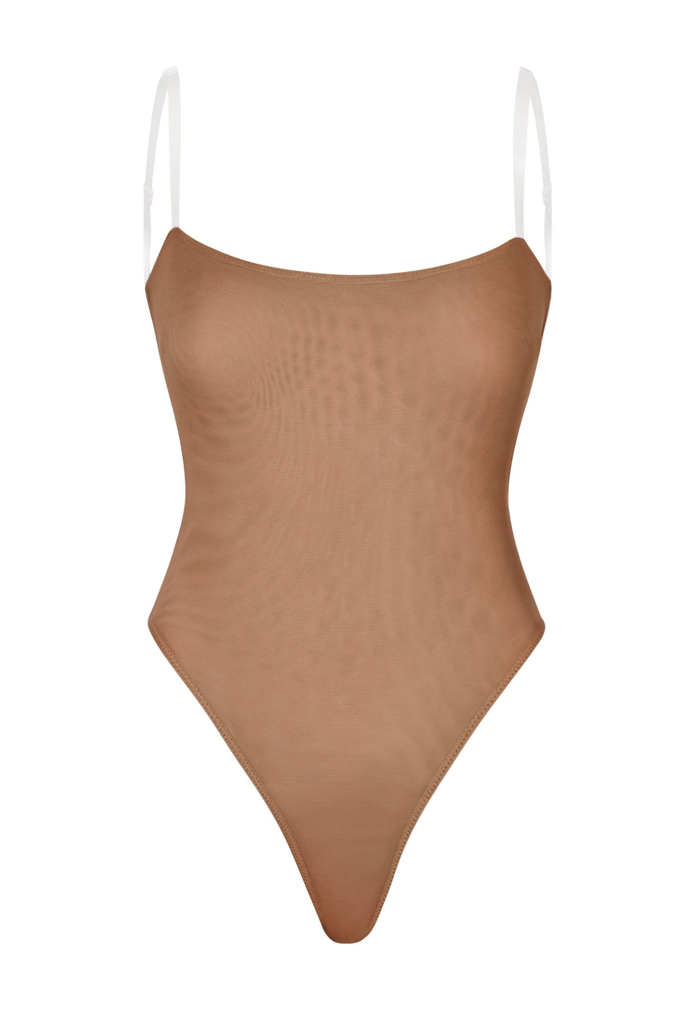 Bal Rengi, Yumuşak Fileli, Görünmez Askılı Tanga Bodysuit.