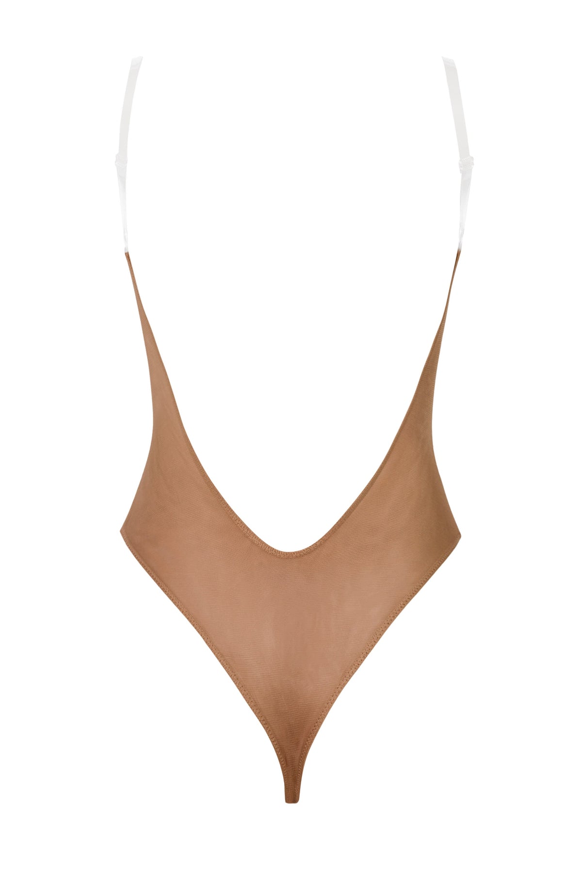 Bal Rengi, Yumuşak Fileli, Görünmez Askılı Tanga Bodysuit.