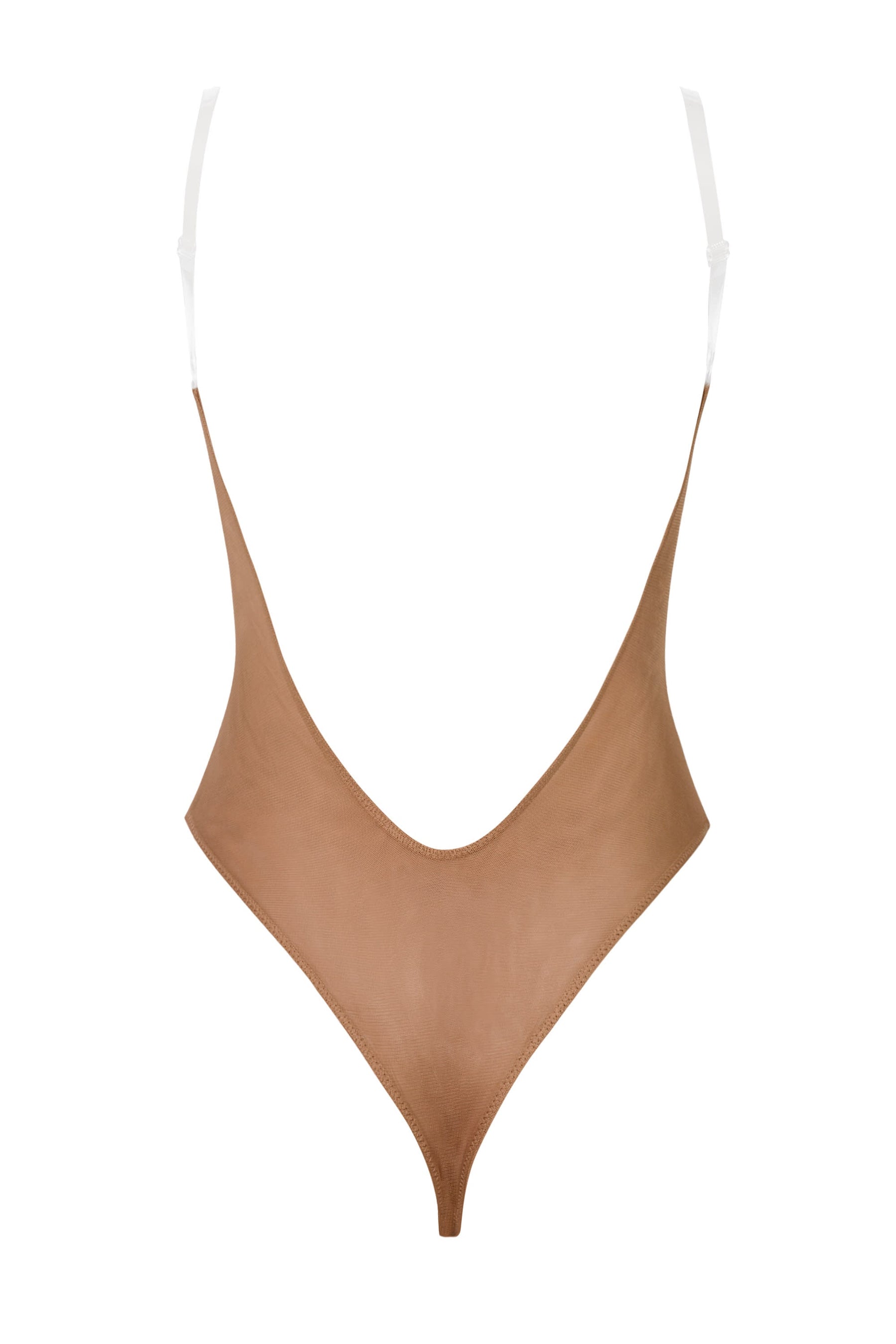 Bal Rengi, Yumuşak Fileli, Görünmez Askılı Tanga Bodysuit.