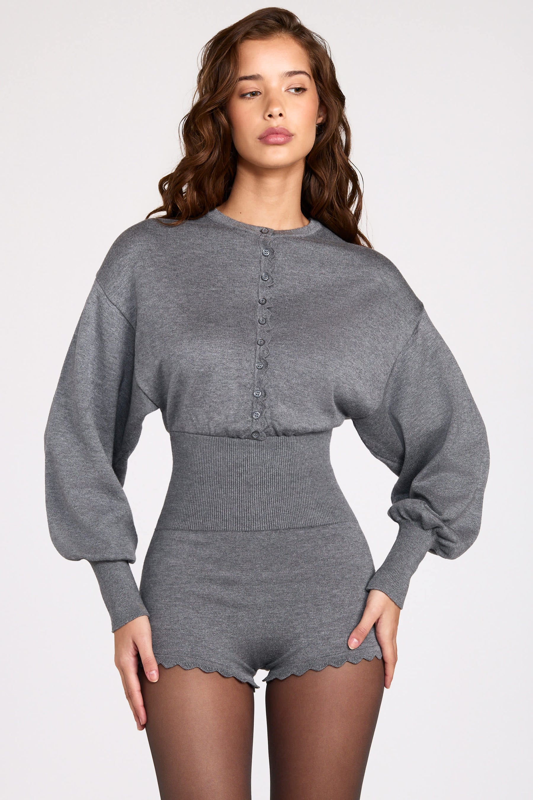 Gri Renkli İnce Örgü Uzun Kollu Tulum