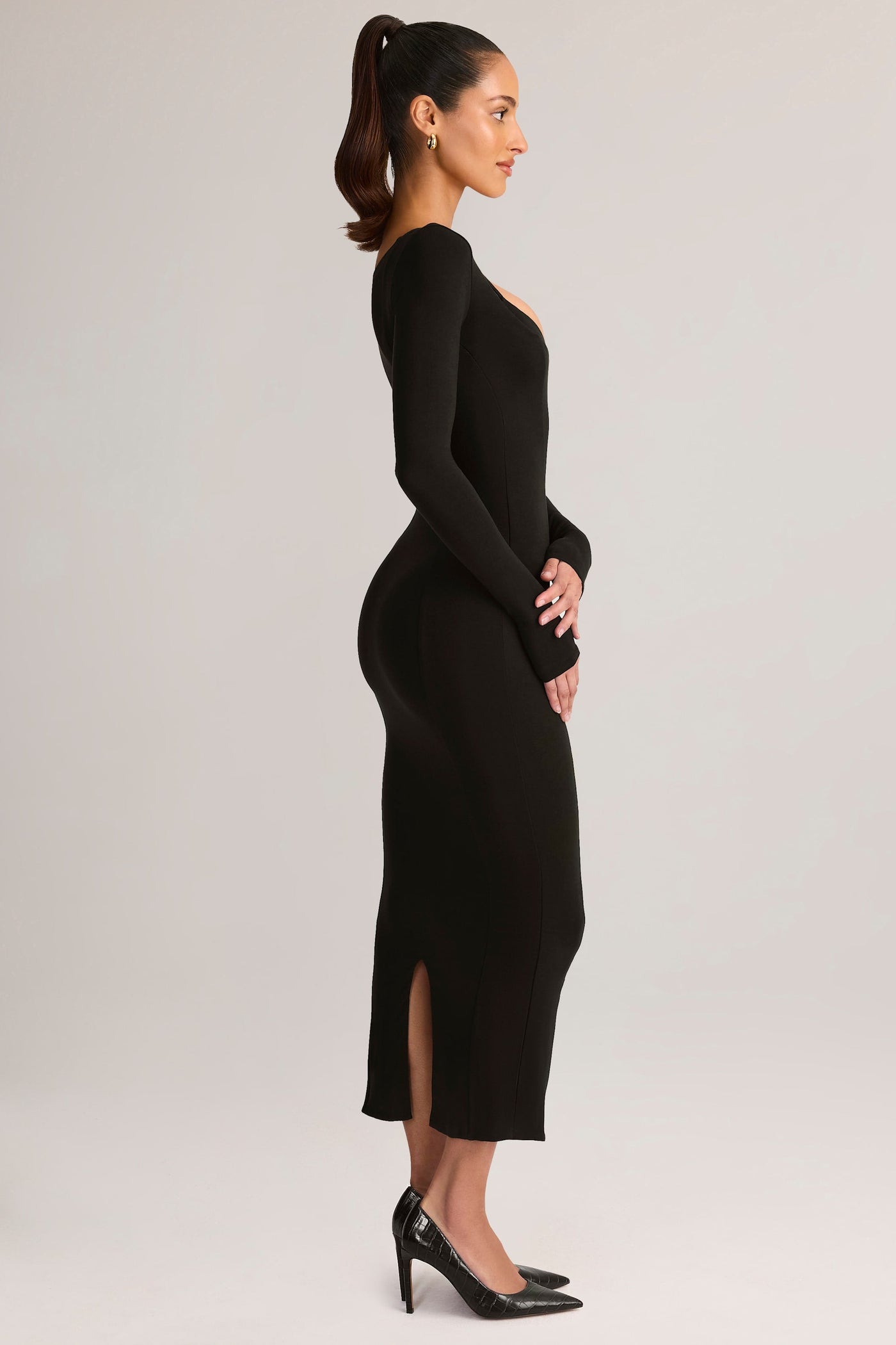 Modal Peekaboo Uzun Kollu Midi Elbise, Siyah