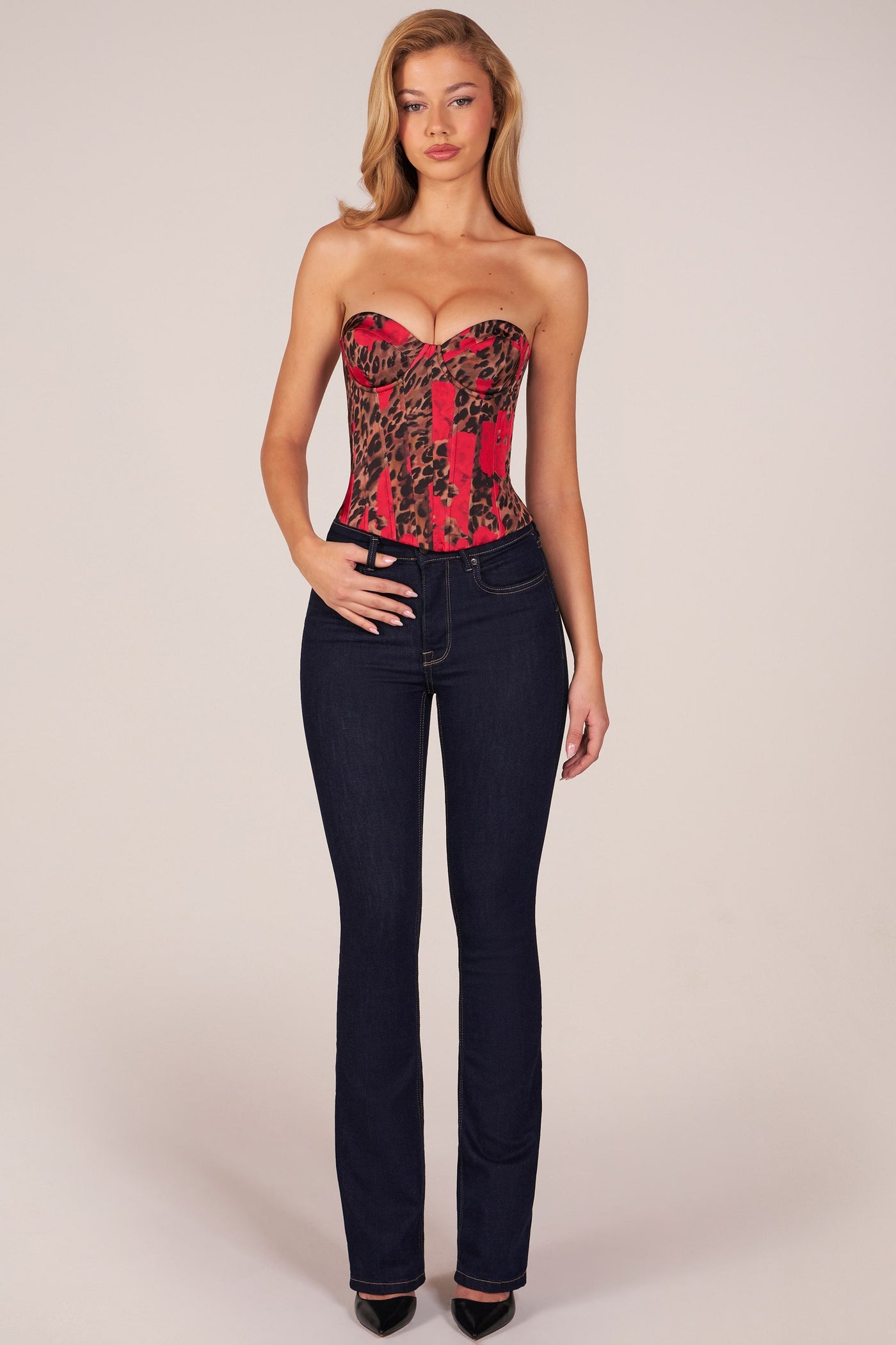 Gül Rengi Leopar Desenli, Bağcıklı Bandeau Korse Bluz.
