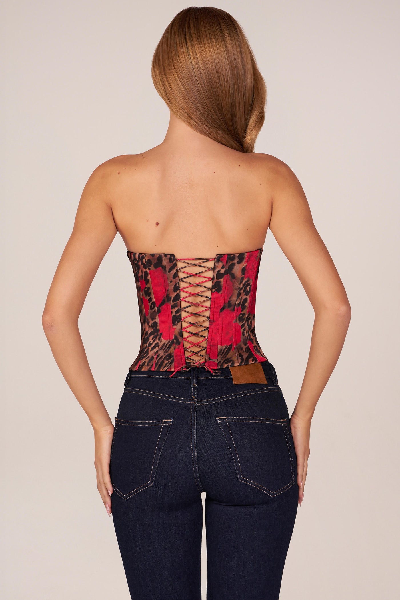 Gül Rengi Leopar Desenli, Bağcıklı Bandeau Korse Bluz.