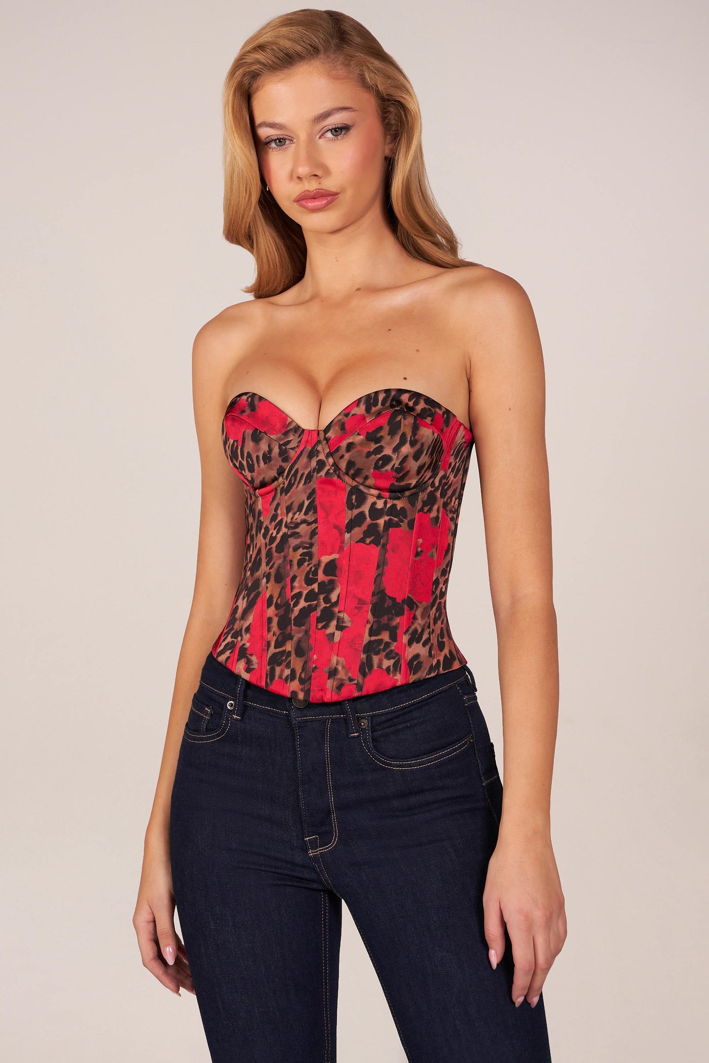 Gül Rengi Leopar Desenli, Bağcıklı Bandeau Korse Bluz.