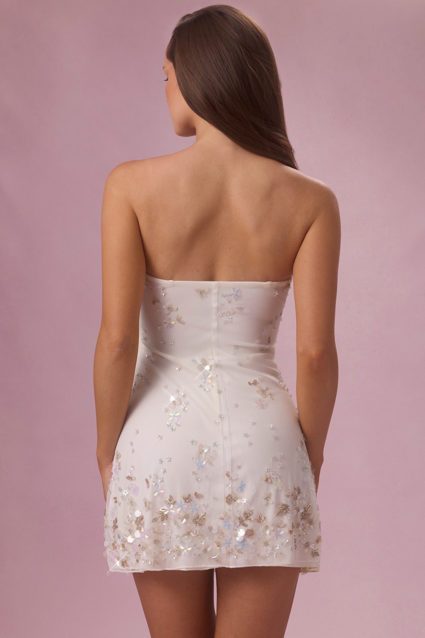 Fildişi Rengi İşlemeli Bandeau Mini Elbise