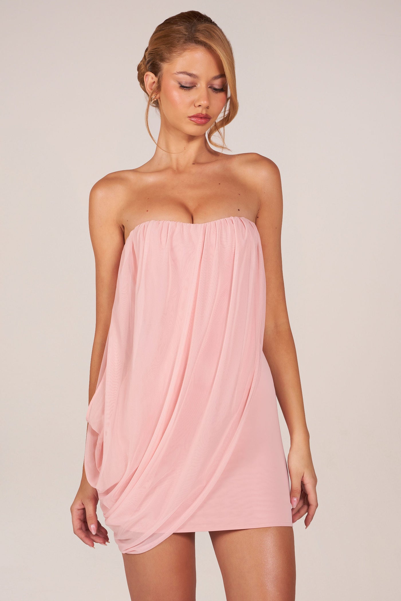 Bandeau Detaylı, Drapeli Mini Elbise, Açık Pembe