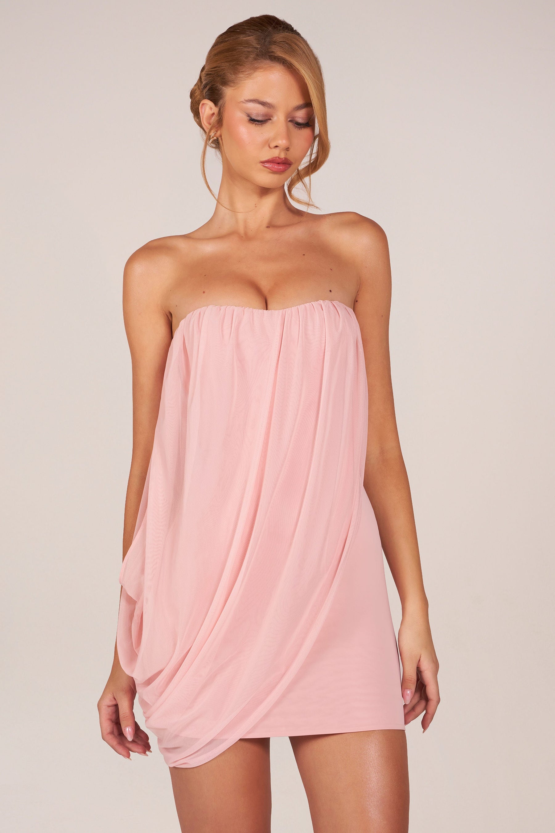 Bandeau Detaylı, Drapeli Mini Elbise, Açık Pembe