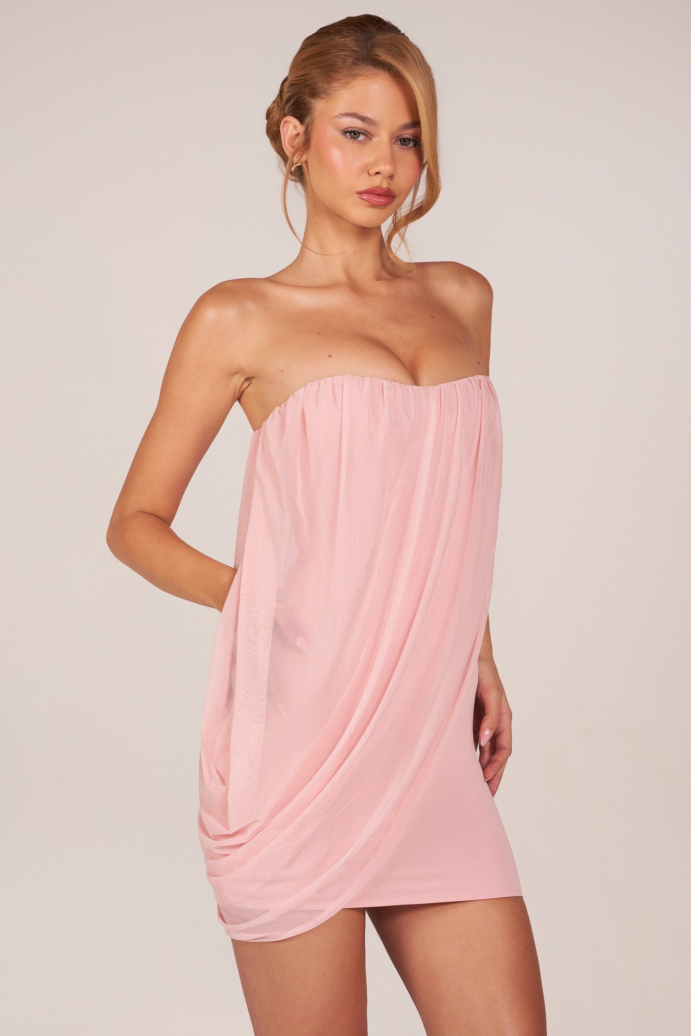 Bandeau Detaylı, Drapeli Mini Elbise, Açık Pembe