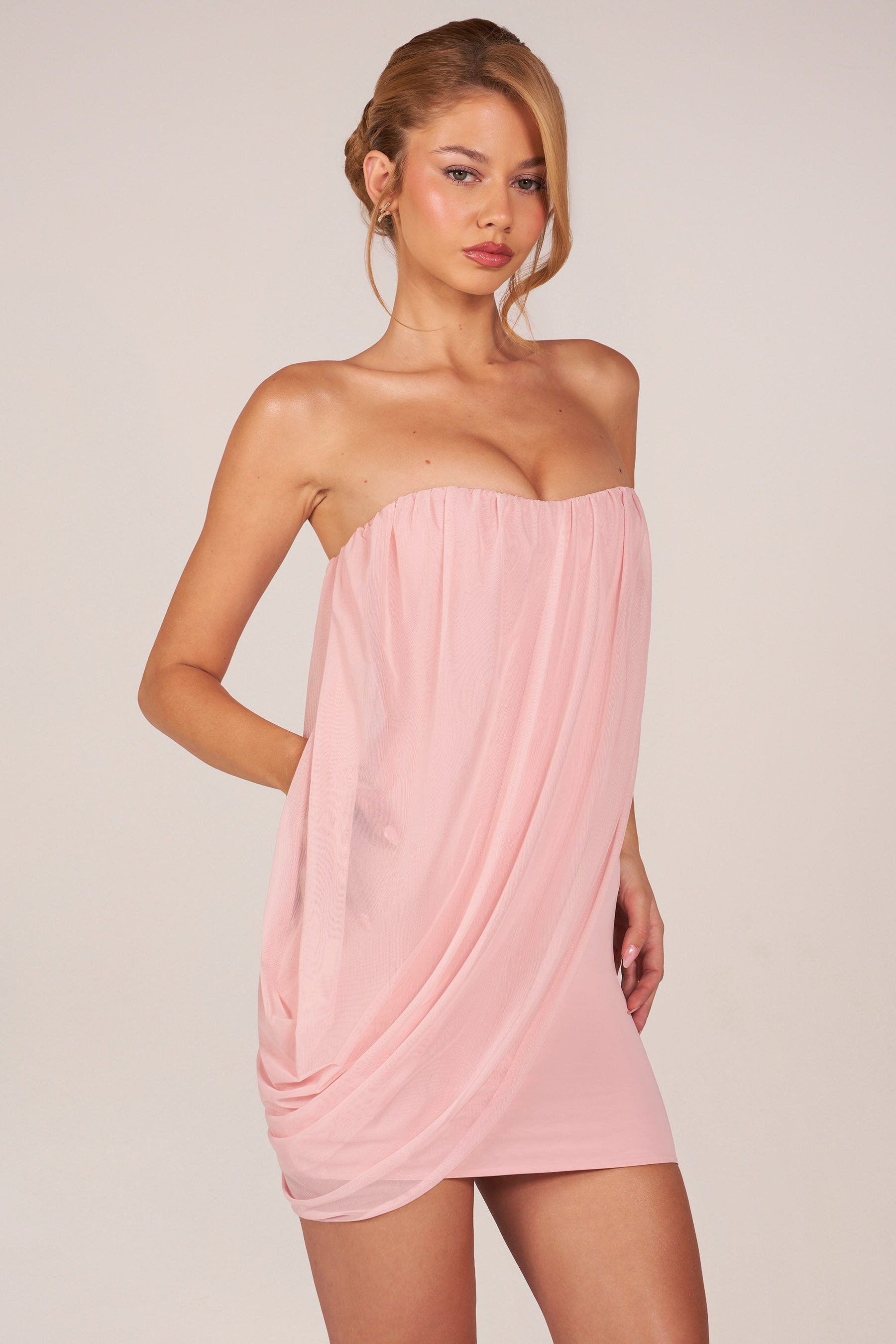 Bandeau Detaylı, Drapeli Mini Elbise, Açık Pembe