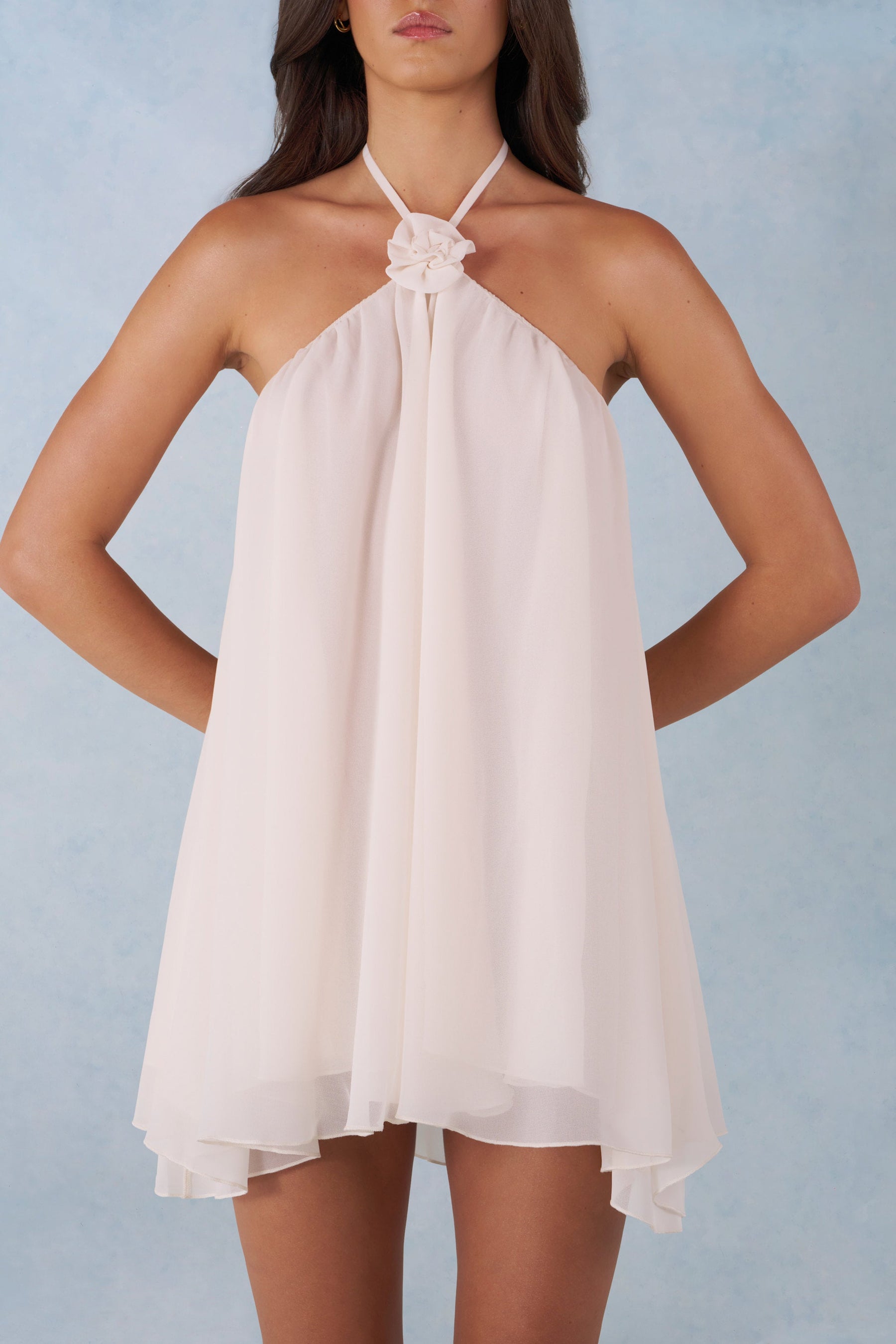 Fildişi Boyundan Bağlı Babydoll Mini Elbise