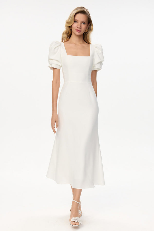 Godet Silhouette Kare Yaka Midi Elbise