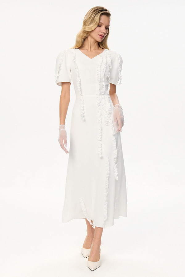 Kısa Kollu Volan Detaylı Midi Elbise