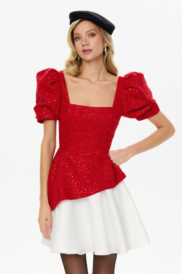 Kare Yaka Kısa Kollu Tweed Üst