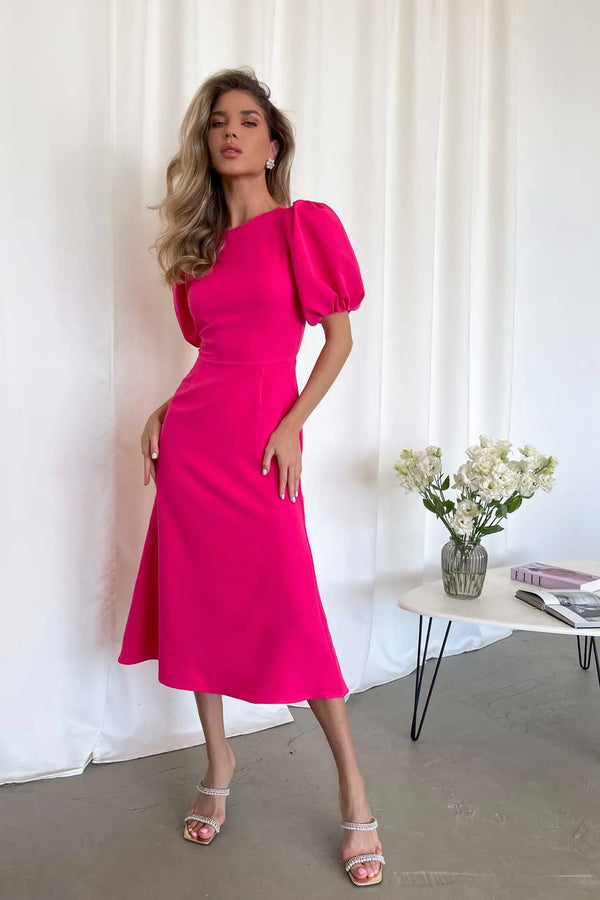 Godet Silhouette Puf Kollu Midi Elbise