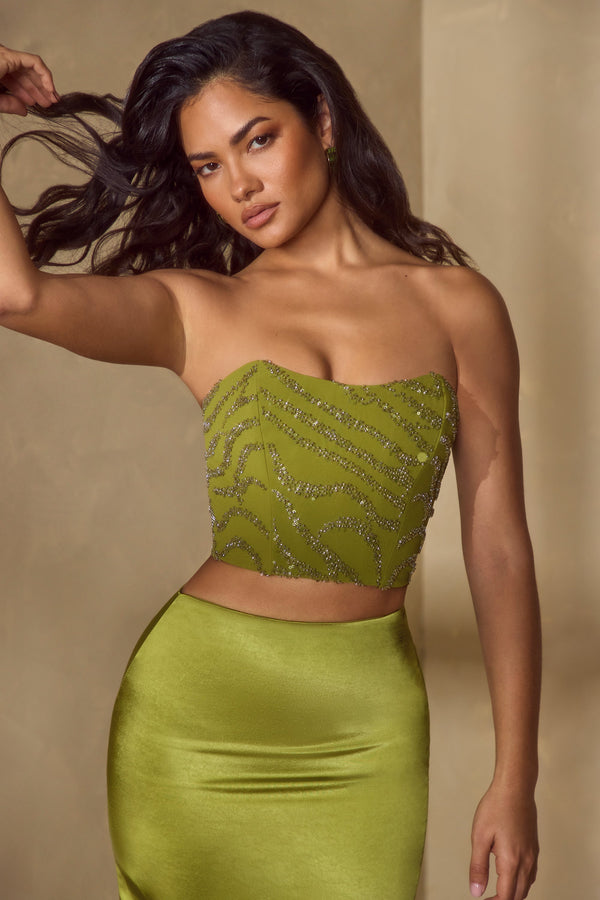 Zeytin Yeşili Süslemeli Bandeau Korse Üst