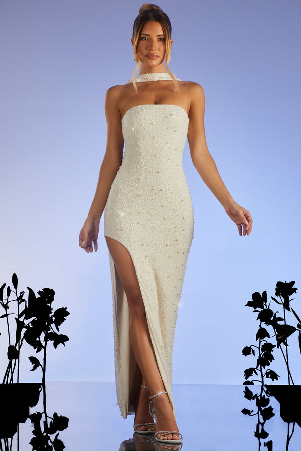 Fildişi Rengi Süslemeli Bandeau Maxi Elbise