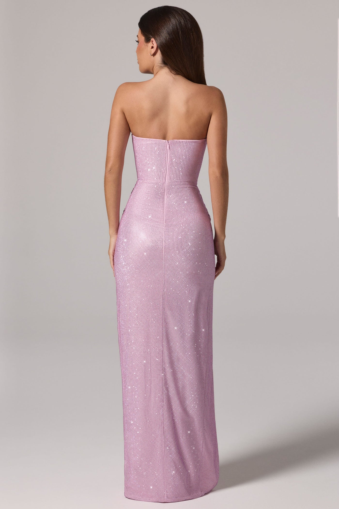 Pembe Renkli, İşlemeli Bandeau Belden Yakalı Maksi Elbise