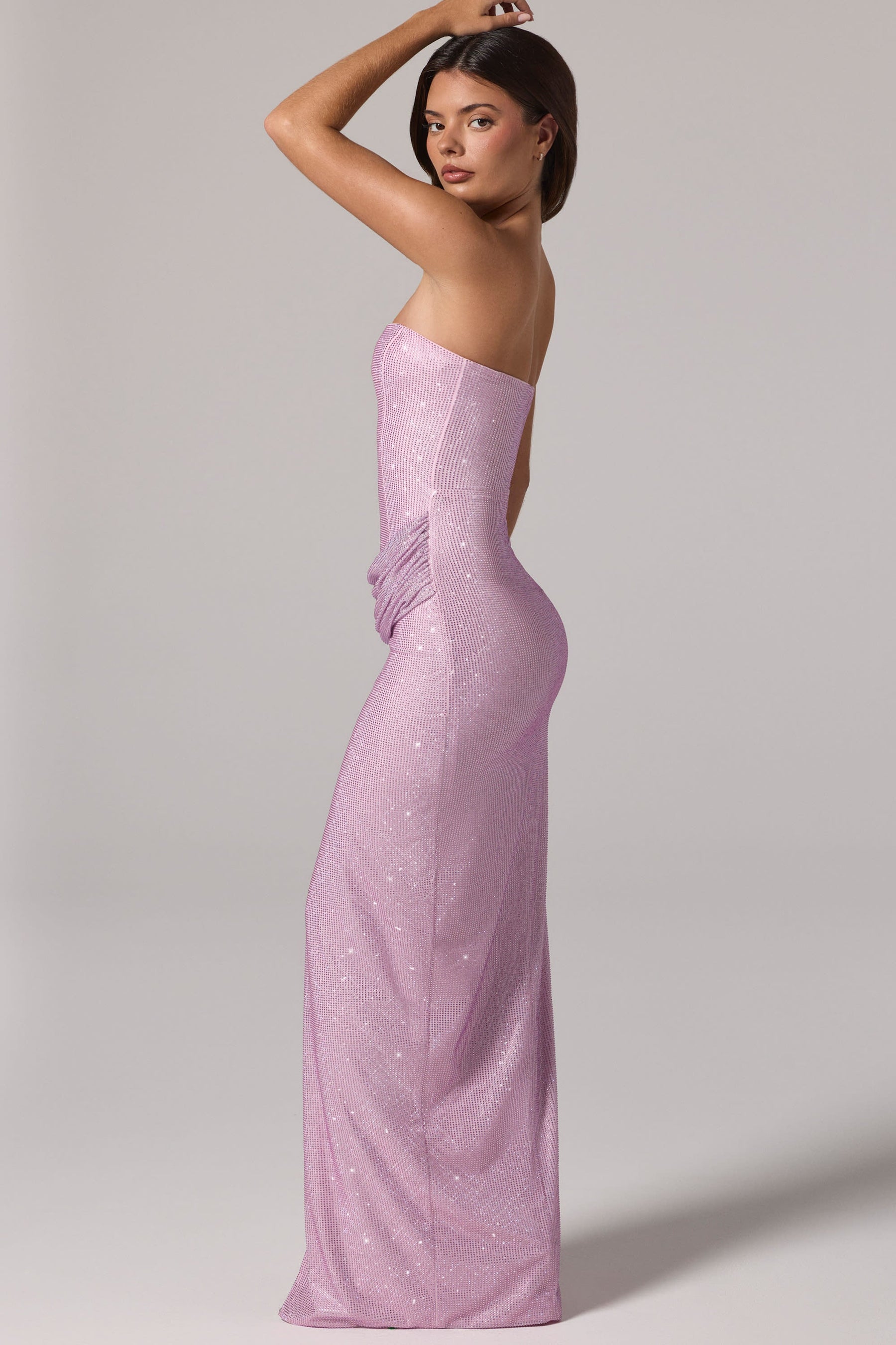 Pembe Renkli, İşlemeli Bandeau Belden Yakalı Maksi Elbise