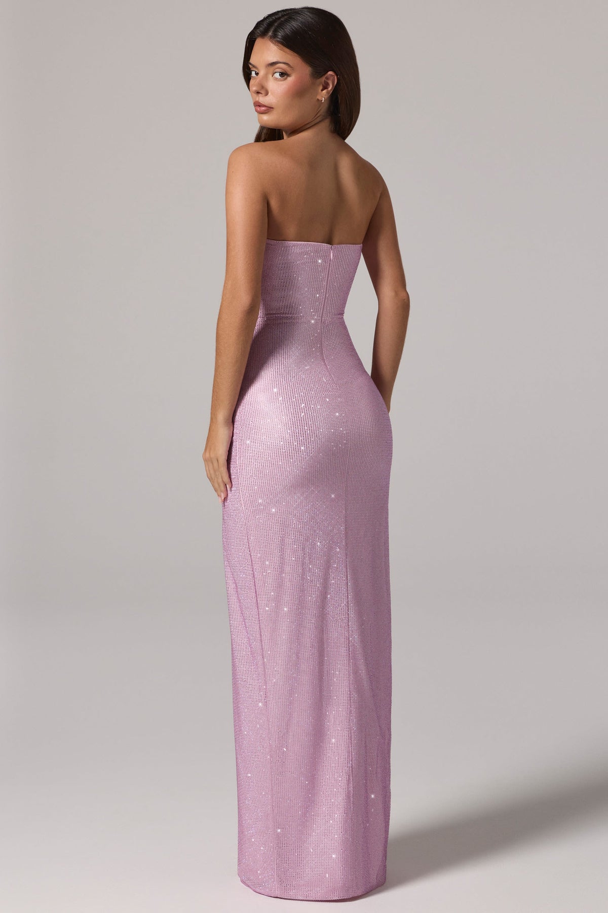 Pembe Renkli, İşlemeli Bandeau Belden Yakalı Maksi Elbise
