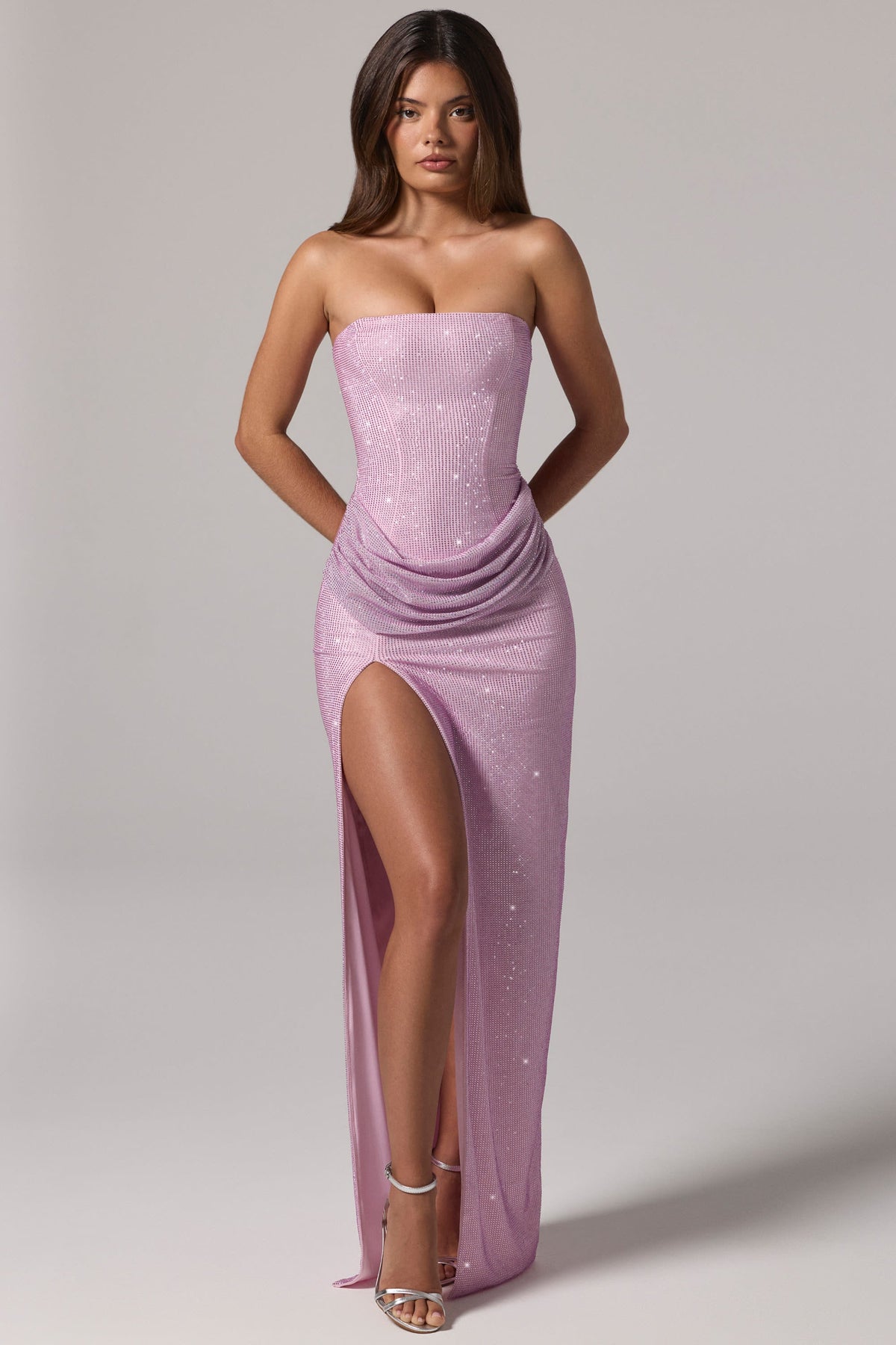 Pembe Renkli, İşlemeli Bandeau Belden Yakalı Maksi Elbise