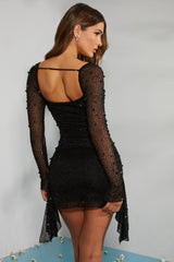 Siyah Uzun Kollu Süslemeli Kapüşonlu Mini Elbise