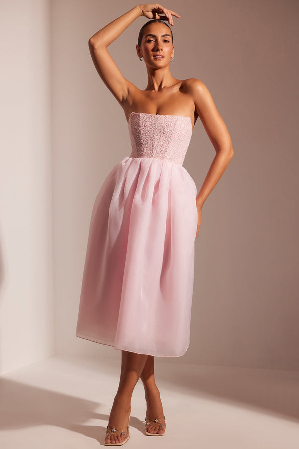 Süslemeli Korse Tül Etek Midi Elbise Pembe