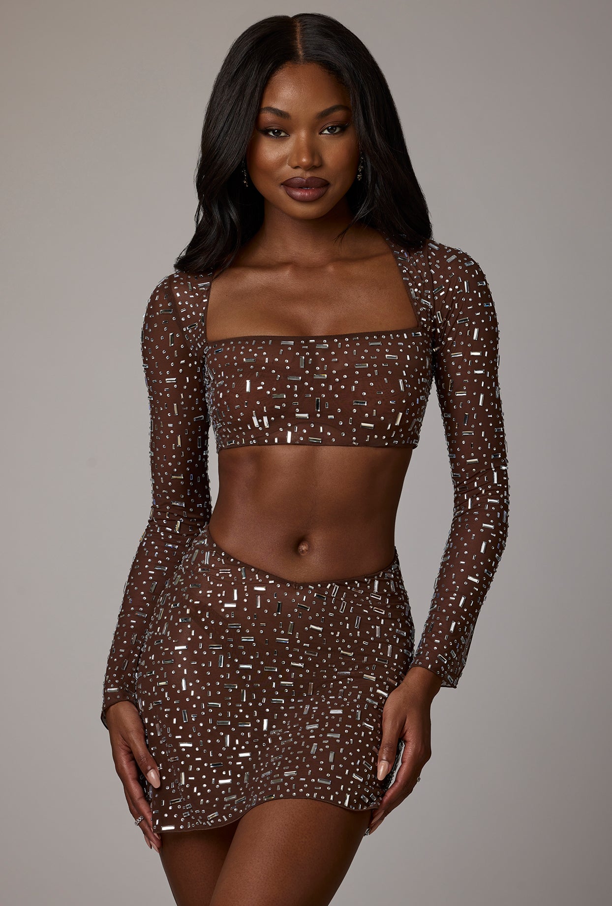 Şeffaf, İşlemeli Uzun Kollu Crop Bluz, Koyu Kakao Rengi