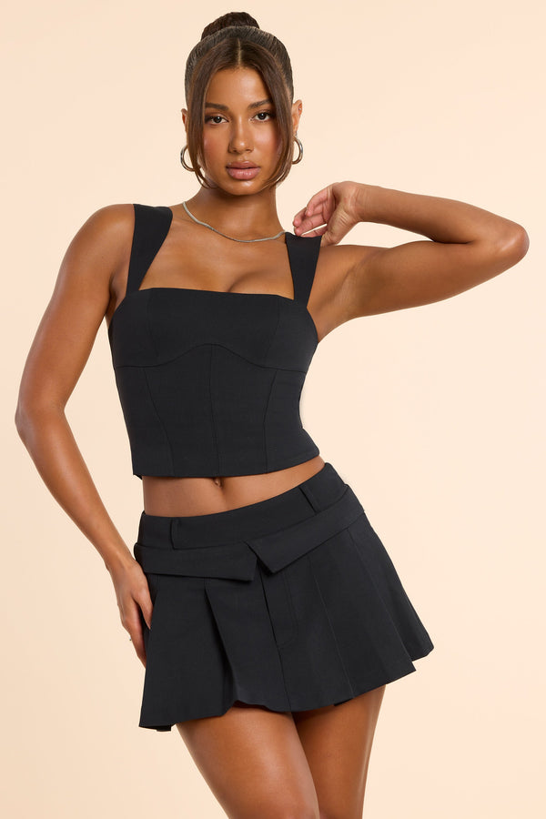 Siyah Fırçalanmış Twill Orta Bel Pileli Mikro Mini Etek