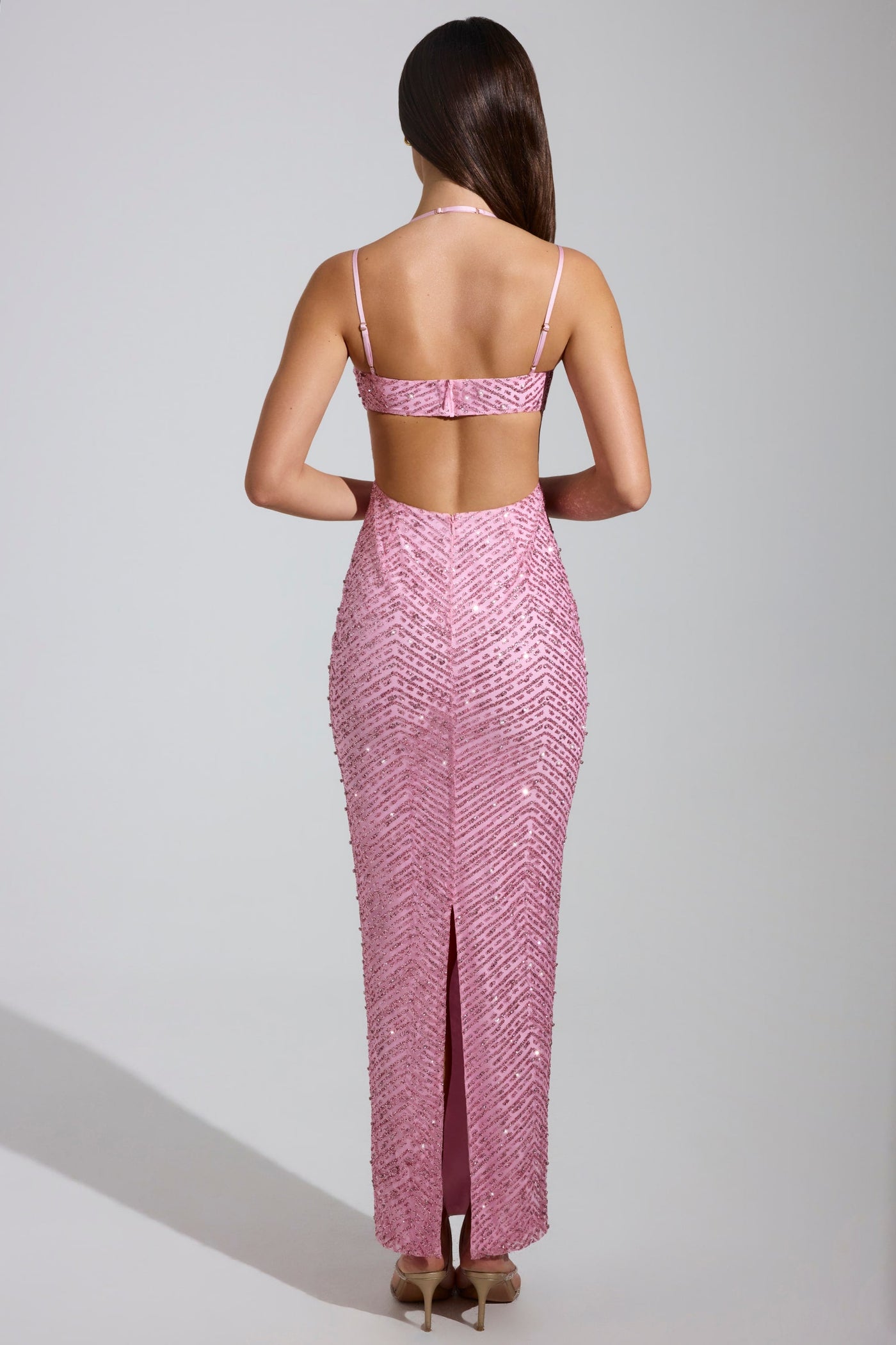 Pembe Renkli, İşlemeli, Balıkçı Yakalı Maksi Elbise