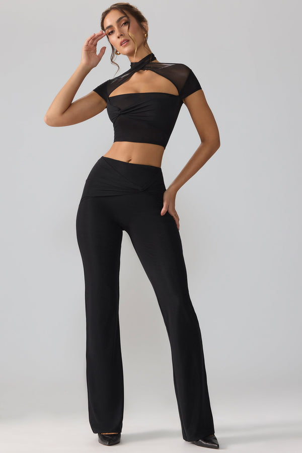Siyah File Orta Bel Twist Üst Katman Flare Pantolon