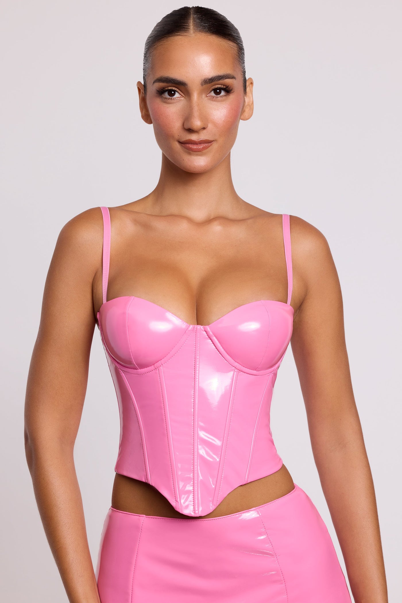 Pembe Renkli Vinil Destekli Korse Crop Top