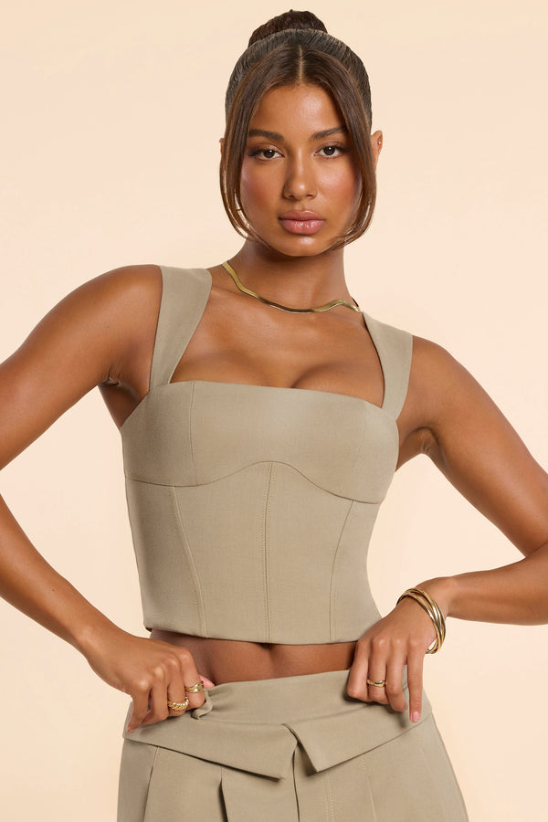 Fırçalanmış Twill Kare Yakalı Özel Dikim Üst - Taupe