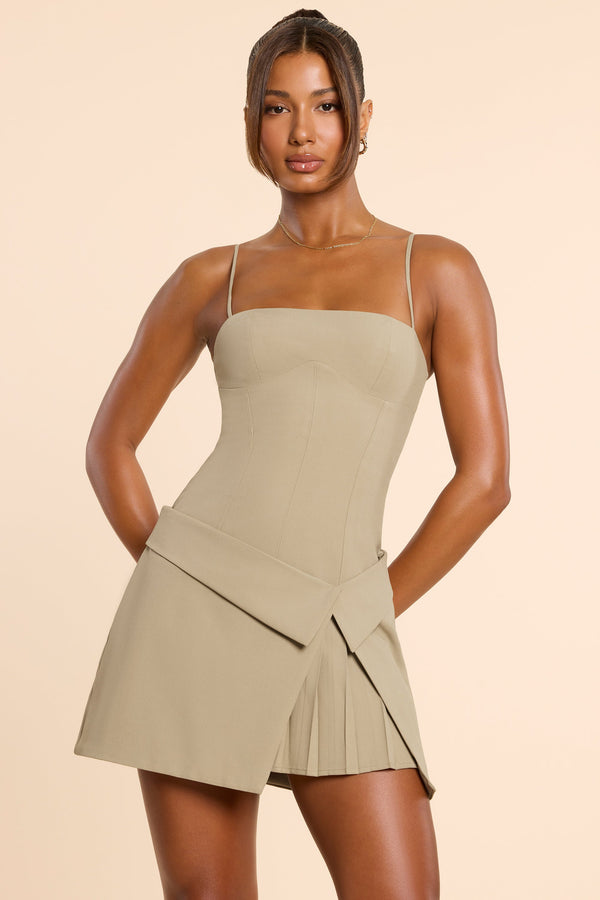 Taupe Rengi Dokuma Twill Wrap Over Pileli Mini Elbise