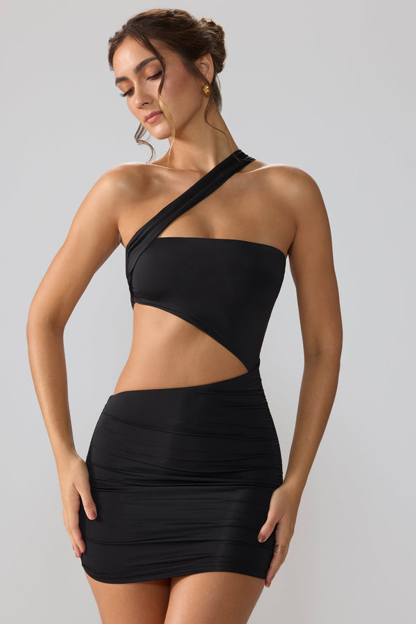 Siyah Slinky Jersey Büzgülü Kesik Mini Elbise