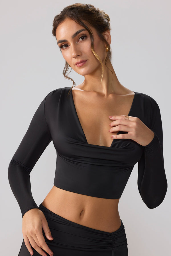 Siyah Slinky Jersey Derin Yaka Uzun Kollu Kırpılmış Üst
