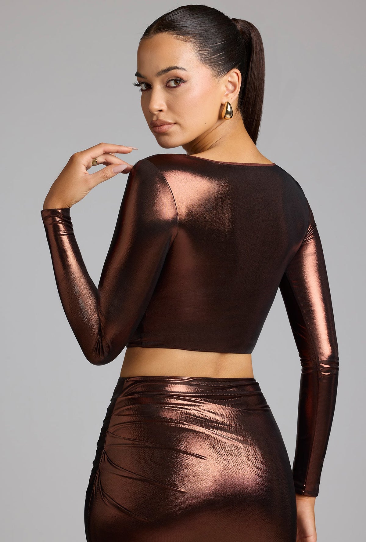 Derin V Yaka Metalik Jersey Kumaştan Bakır Bronz Crop Top
