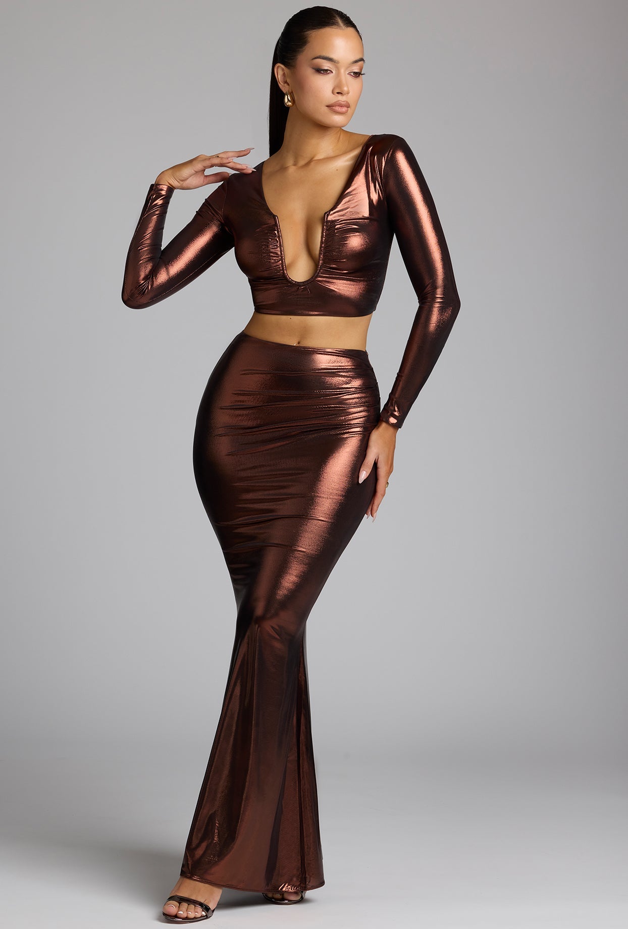 Derin V Yaka Metalik Jersey Kumaştan Bakır Bronz Crop Top