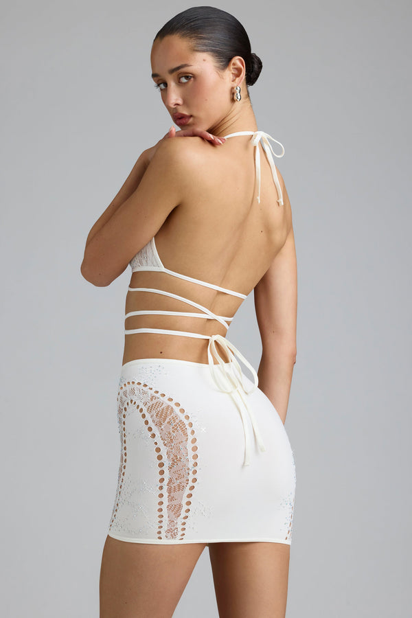 Fildişi Rengi İşlemeli Çapraz Askılı Bikini Üstü