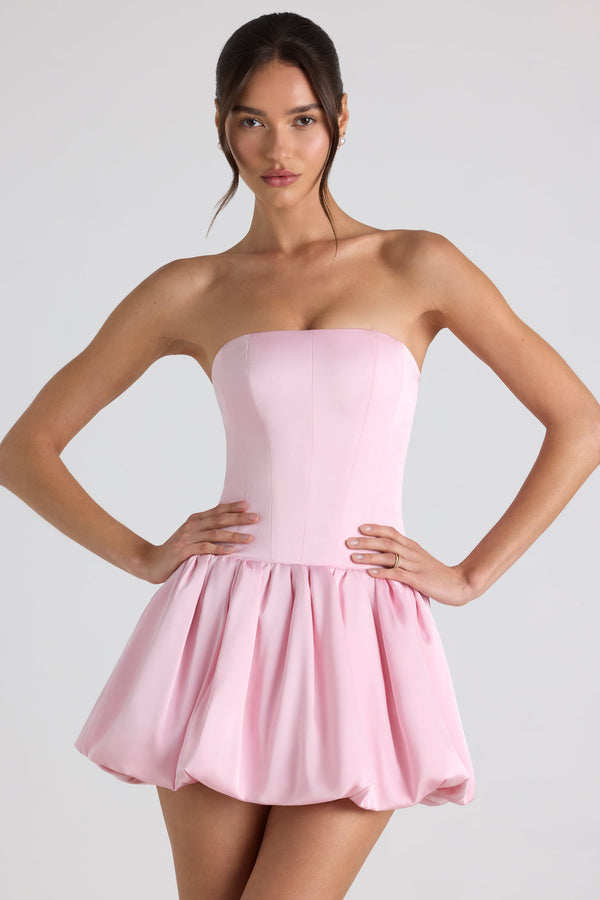 Yumuşak Pembe Bağcıklı Balon Etekli Korse Mini Elbise