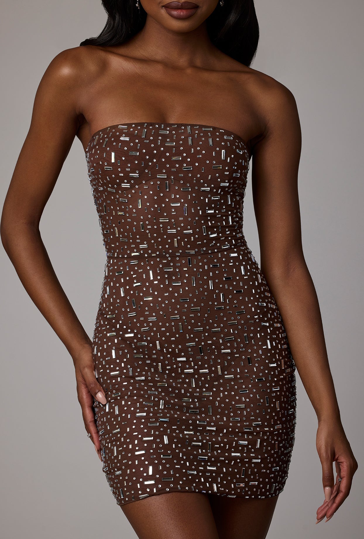Şeffaf, İşlemeli, Vücuda Oturan Mini Elbise, Koyu Kakao Rengi