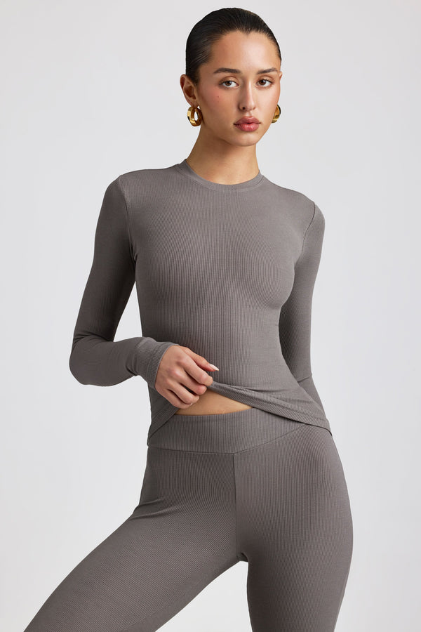 Gri Kaburgalı Modal Yuvarlak Yaka Üst