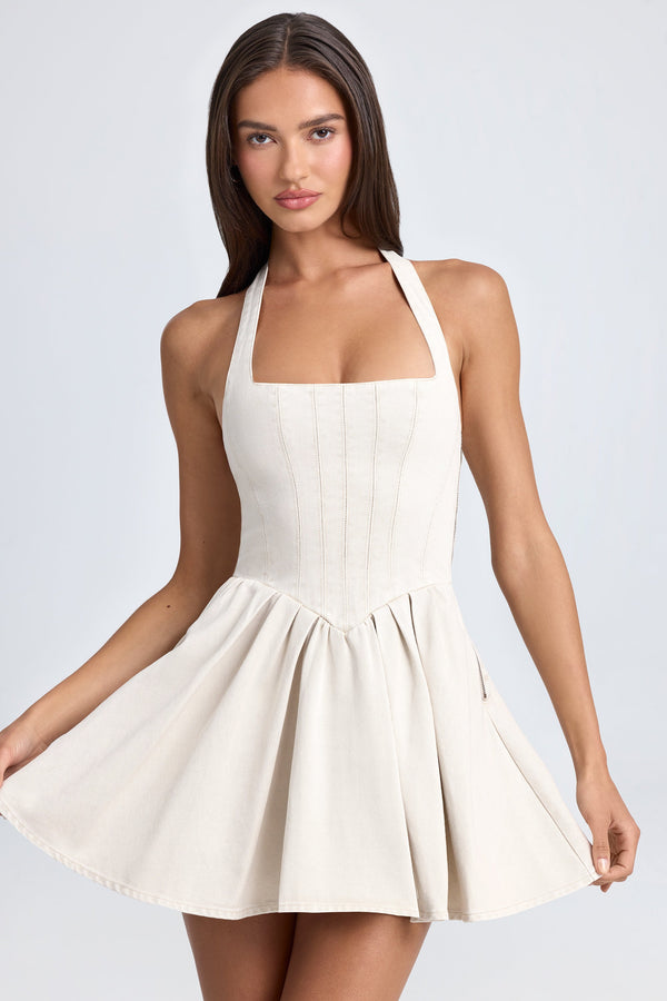 Ekru Rengi Halter Yaka Korseli Mikro Mini Elbise