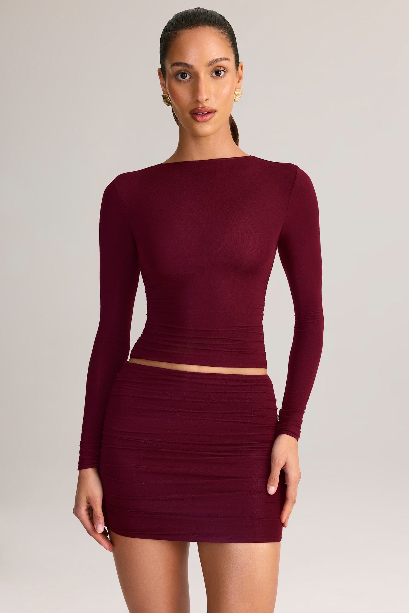 Şarap Kırmızısı Rengi, Büzgülü Modal Orta Bel Mini Etek