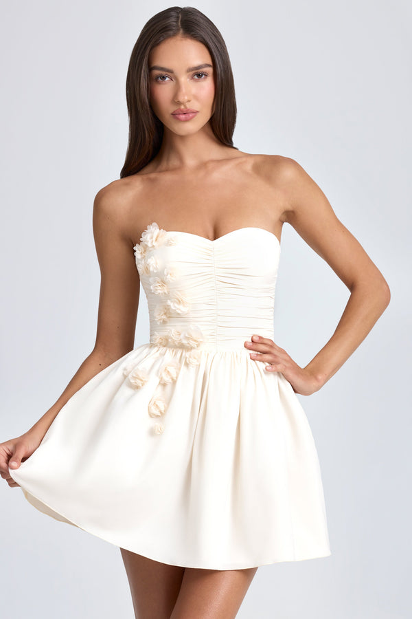 Fildişi Rengi Bandeau Çiçek Aplikeli Korse Mini Elbise