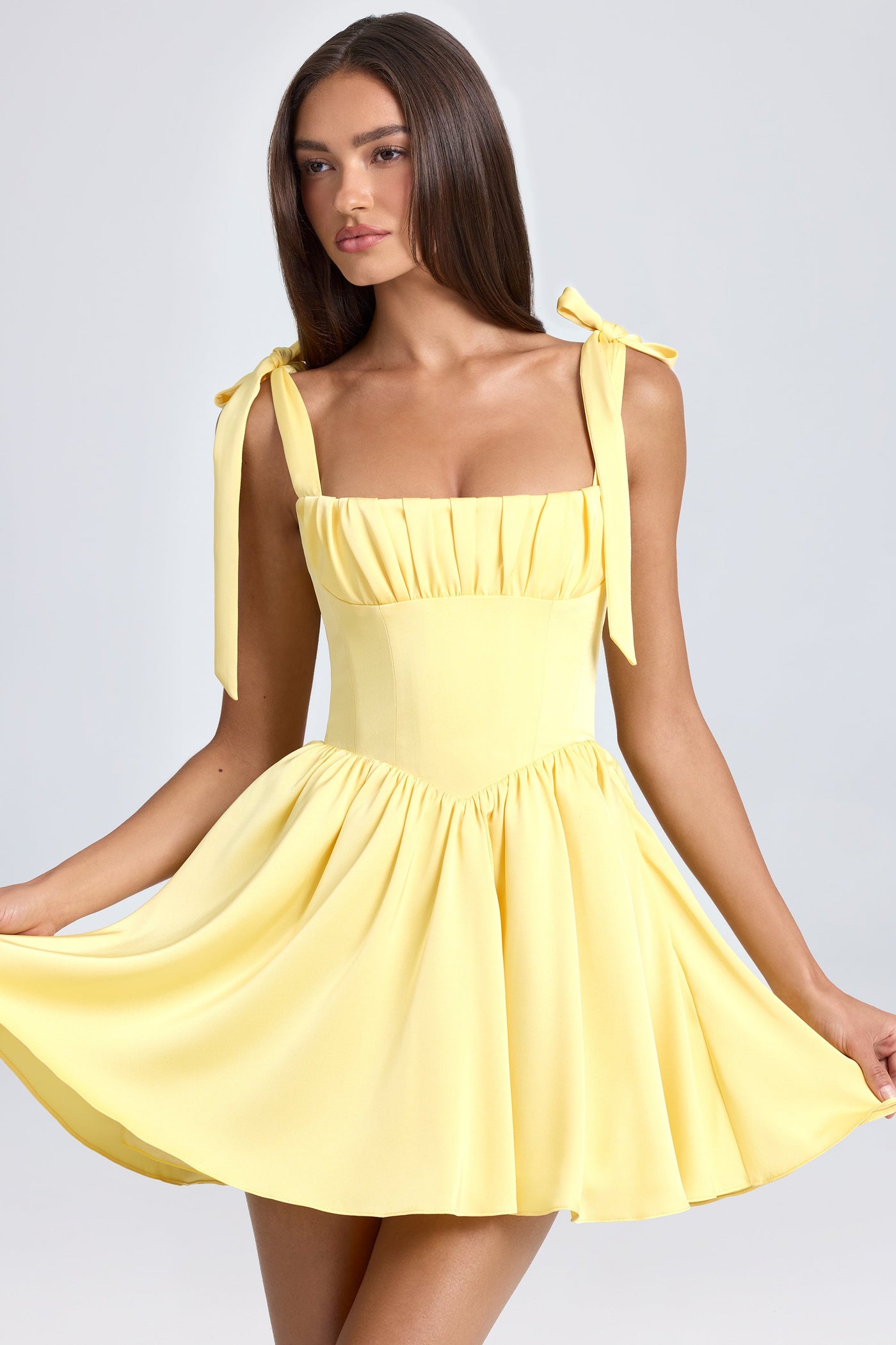 Limon Şerbeti Rengi Dökümlü Korse Mini Elbise